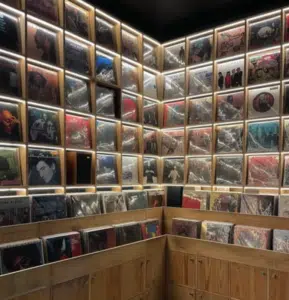 A well-lit record store corner with wooden shelves and walls displaying numerous vinyl records in clear sleeves.